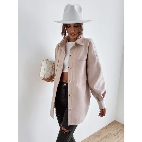 Drop Shoulder Pocket boyfriend shacket oversized jacket Coat cream tan - Picture 5 of 8